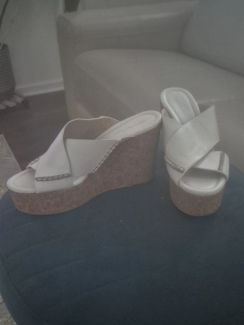 Calvin Klein White Cross-Strap Cork Platform Wedge Slides